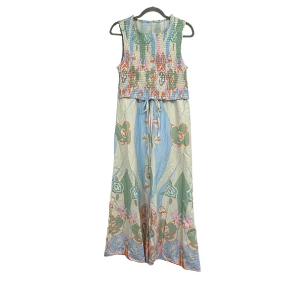 Boho Floral Print Two Piece Set Women’s XL | Smocked Crop Tank & Wide Leg Pants - Picture 13 of 14